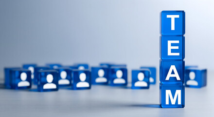 Build a strong team with collaborative blue blocks representing people for innovative business solutions and team synergy for success and growth