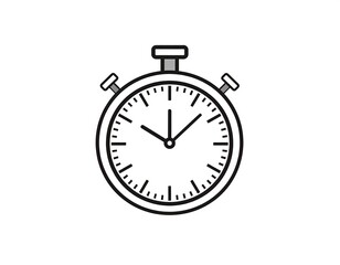 Black and white illustration of a stopwatch, featuring a round dial with tick marks and hands indicating time