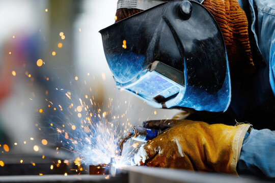 Worker in protective gear operating welding torch with glowing sparks