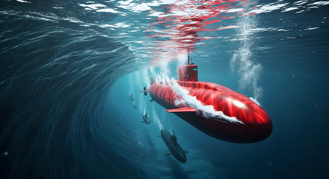 Explore the depths with a striking red submarine fleet, a powerful symbol of underwater exploration and naval power, creating an adventurous mood