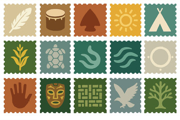 Indigenous Peoples Symbol Stamps Vector Set