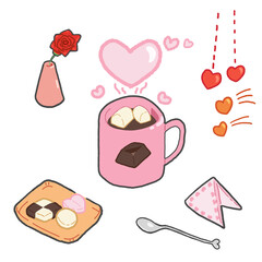 Cute Hand Drawn Cocoa and Sweets with Hearts and Flowers / 手描きのココアとスイーツ、ハートと花のかわいいイラスト