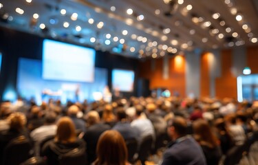 Blur background seminar business event in auditorium  hall convention audience presentation meeting at conference room present screen for entrepreneurs startup business. Blurred background copy space