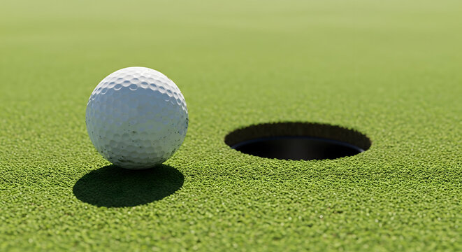 Golf ball sits near the hole on a pristine green course, ready for the final putt in a professional tournament or casual weekend game with friends