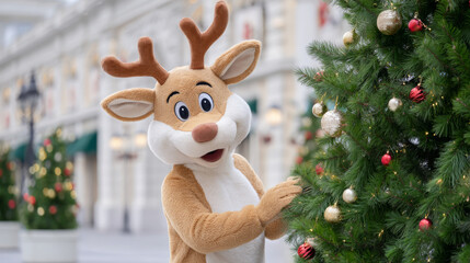 Cheerful reindeer mascot in festive costume is playfully decorating a Christmas tree with colorful ornaments, creating a joyful holiday atmosphere in a winter wonderland setting
