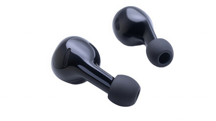 Pair of black wireless earbuds isolated on transparent background, closeup view