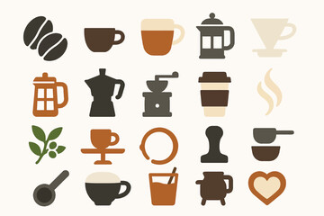 Coffee Icons Set with Brewing Equipment, Cups, and Beans