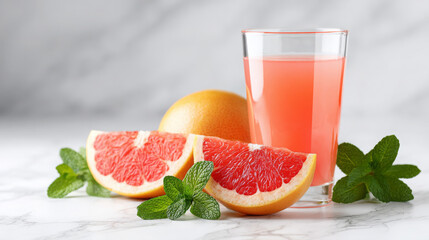 Freshly squeezed grapefruit juice in a clear glass, surrounded by vibrant grapefruit slices and fresh mint leaves, showcasing a refreshing beverage concept with natural ingredients