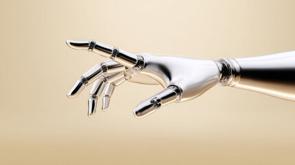 Naklejka premium Metallic robotic hand reaching out, showcasing intricate joints and polished surface, against a soft gradient background, symbolizing advanced technology and innovation