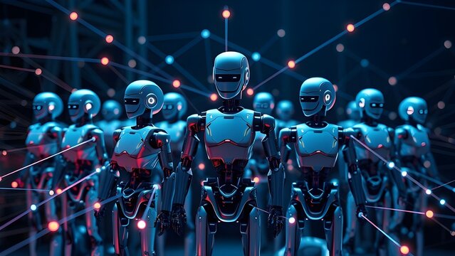 Multiple humanoid robots working together on glowing digital panels, AI workflow automation on bright neon blue background - Powered by Adobe