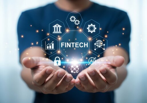 Man holding fintech icons in his hands showcasing financial technology and digital banking solutions - Powered by Adobe