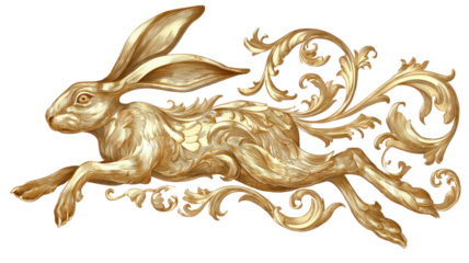 Vector art illustration of a vintage gold rabbit statue with floral ornament pattern and an antique leaf design on a white background