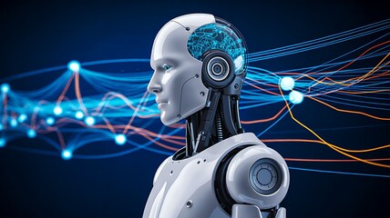 Futuristic humanoid robot with digital brain and glowing neural data waves symbolizing artificial intelligence and advanced technology
