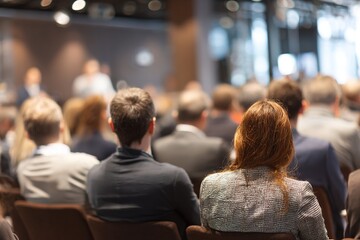 Group of people at the business conference, back view. Row of business people  listen to the speaker on the forum or at seminar in modern conference room. High quality