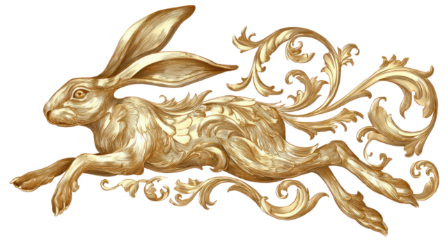 Vector art illustration of a vintage gold rabbit statue with floral ornament pattern and an antique leaf design on a white background