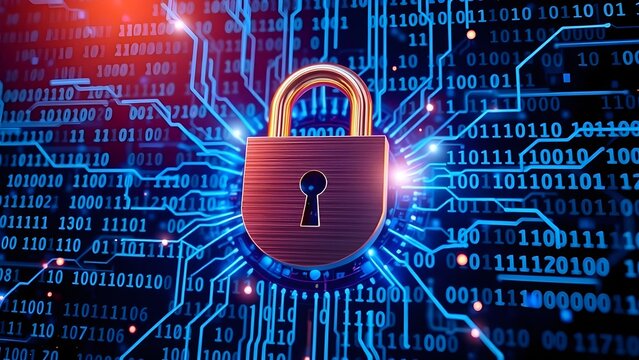 A metallic cyber lock surrounded by encrypted binary code streams