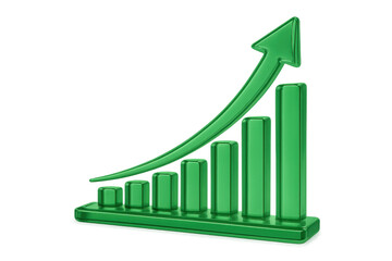 Green bar chart showing business growth and financial progress with an upward trend arrow, transparency