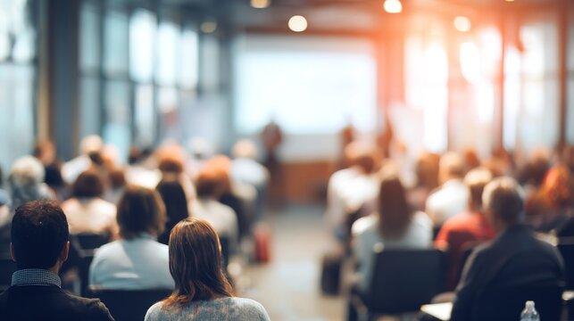 Corporate Seminar Blur: A blurred background of a corporate seminar or training session in a conference hall, with attendees. People in professional meeting of business leadership strategy audience