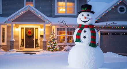 A cheerful snowman stands in front of a house decorated for Christmas, snow falling.