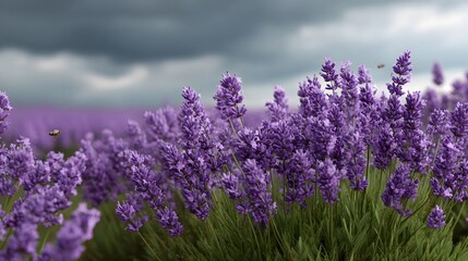 Obraz premium A vibrant purple lavender field under a dramatic stormy sky with bees