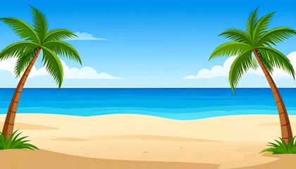 Obraz premium Cartoon depiction of a tropical beach. Features two palm trees framing ocean view under a clear blue sky. Sandy foreground