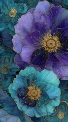 Close-up of vibrant, stylized poppy flowers in shades of teal, purple, and gold, exhibiting a fluid, almost watercolor-like texture with subtle gold outlining
