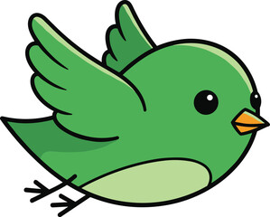 Cute green cartoon bird flying with small wings, adorable vector animal, simple children illustration, isolated nature character on white background