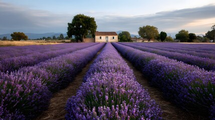 Obraz premium A picturesque lavender field with neat rows and a small farmhouse under a dusky sky