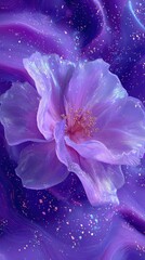 Iridescent purple flower blossoms atop a shimmering, fluid, textured background