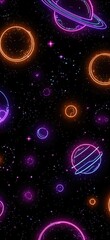 Neon-colored planets and stars scattered across a dark background, creating a vibrant cosmic scene with a retro aesthetic