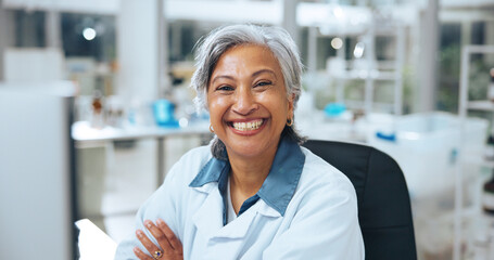 Portrait, woman and scientist with arms crossed in lab for career pride, about us and medical...