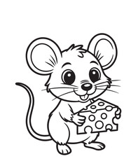Cartoon mouse is holding a chunk of cheese and smiling, shown in black outline