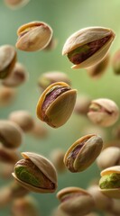 Numerous shelled pistachios levitate against a blurred green backdrop, showcasing their creamy beige shells and vibrant green kernels in a dynamic, appetizing composition