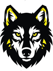 Striking wolf head graphic with intense yellow eyes and bright yellow accents on a black and white base. A powerful mascot for sports teams or bold brands.