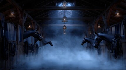 Horses in a dark misty stable with atmospheric lighting and hanging tack