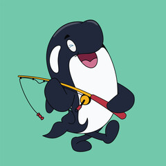 Cartoon Playful Orca Vector Holding Fishing Rod Illustration on Solid Color Background
