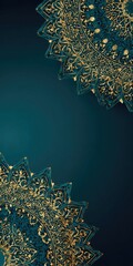 Teal backdrop features two ornate gold mandala designs, positioned at opposite corners, leaving a central blank space