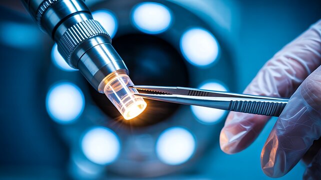 Scientist examining micro optical component with precision tweezers under laboratory microscope and blue technical lighting
