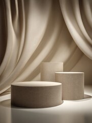 Three cylindrical wooden display platforms of varying heights sit on a white surface against a backdrop of flowing beige fabric, softly lit