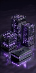 Three dark cubic structures, seemingly technological in nature, illuminated with purple LED lights, sit on a reflective surface, with a smaller rectangular unit in front