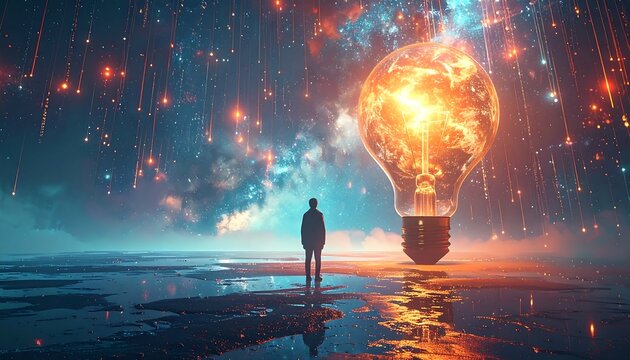 A lone figure contemplates a giant, glowing light bulb in a surreal landscape.