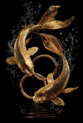 Two gilded koi fish intertwine in a dynamic dance, encircled by golden rings against a black backdrop. Water splashes surround them, creating a sense of movement and elegance