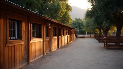 A rustic wooden barn with multiple stalls illuminated by warm golden hour sunlight in a serene outdoor setting