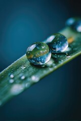 Two glistening dew drops cling to a vibrant green blade of grass, reflecting a blurred background of teal hues.  The shallow depth of field emphasizes the droplets' spherical perfection