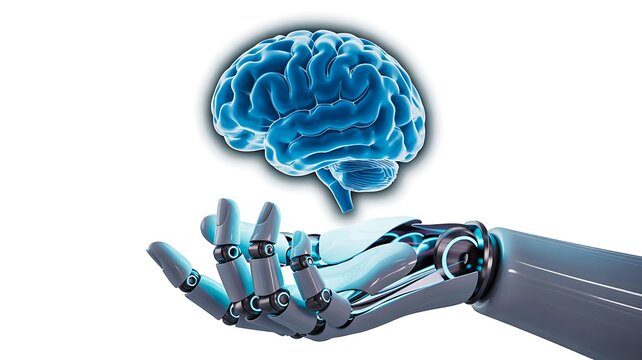 Robotic hand holding glowing digital brain symbolizing artificial intelligence, innovation, and advanced futuristic technology on white background