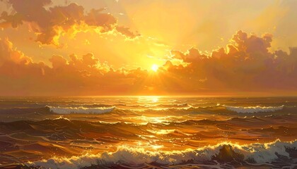 A vibrant sunrise casts golden light over a vast ocean, with rippling waves and radiant clouds enhancing the scene's warmth