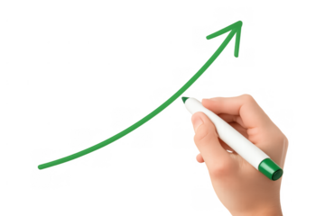 Hand drawing green ascending arrow chart showing growth and increasing success on transparent background