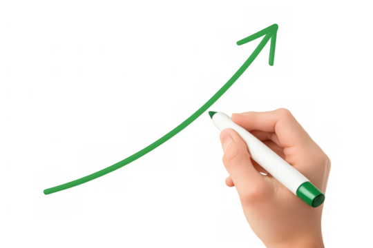 Hand drawing green ascending arrow chart showing growth and increasing success on transparent background - Powered by Adobe