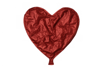 Wrinkled, deflated red heart balloon symbolizing breakup, divorce, sadness, and the end of romance, on transparent background