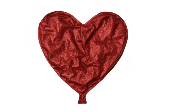 Wrinkled, deflated red heart balloon symbolizing breakup, divorce, sadness, and the end of romance, on transparent background